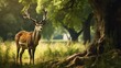 A deer stands next to a tree on a vibrant green field, showcasing the natural beauty of the surroundings.