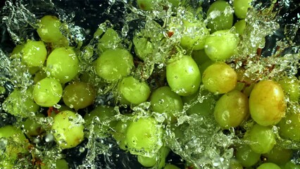 Wall Mural - Green grapes fall with splashes into the water. Top view. Filmed on a high-speed camera at 1000 fps. High quality FullHD footage