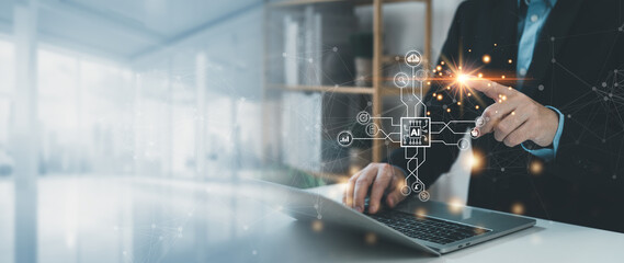 Artificial Intelligence (AI) technology innovation concept, businessman using laptop connecting worldwide internet network, digital learning, cybernetic future, smart science and virtual inspiration.