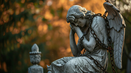 Wall Mural - A forlorn angel seated on a stone bench head bowed in sadness with rusted chains wrapped around their wings.