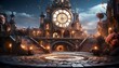 Fantasy night scene with a big clock on the background of the old town
