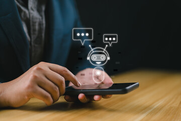 Fototapete - AI Chatbot intelligent digital customer service application concept, computer mobile application uses artificial intelligence chatbots automatically respond online messages to help customers instantly