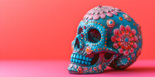 Colorful Skull On Vivid Pink Background, Day Of The Dead, Dia De Muertos