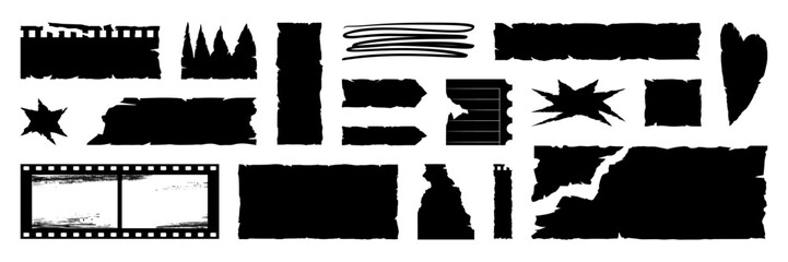 Wall Mural - Set of grunge jagged shape, including rectangle, irregular star, heart and crown. Black torn paper sheet for sticker, collage, banner. Vector illustration isolated on white background.