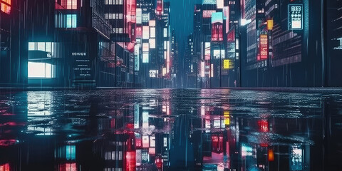 Wall Mural - 3d modern buildings in capital city with neon  light reflection from puddles on street. Concept for night life, never sleep business district center , night cyberpunk city