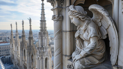 Wall Mural - From the edge of a rooftop an intricately carved stone angel watches over the Gothic cathedral below its wings stretched wide in protection.