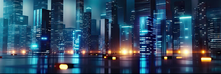 Wall Mural - 3d modern buildings in capital city with neon light reflection from puddles on street. Concept for night life, never sleep business district center , night cyberpunk city