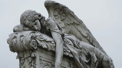 Wall Mural - A fallen angel rests atop a crumbling column their wings weighed down by the burden of their past mistakes.