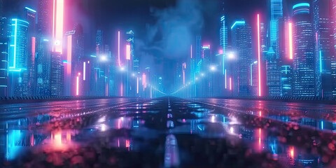 Wall Mural - 3d modern buildings in capital city with neon  light reflection from puddles on street. Concept for night life, never sleep business district center , night cyberpunk city