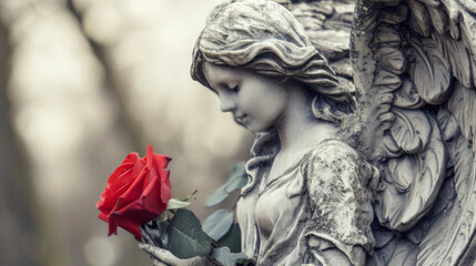 Wall Mural - A sorrowful angel with downcast eyes holding a single red rose in their hand symbolizing the fleeting nature of life.