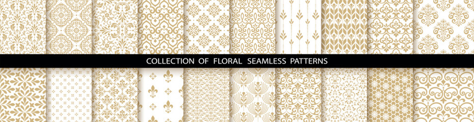 Fototapete - Geometric floral set of seamless patterns. White and gold vector backgrounds. Damask graphic ornaments