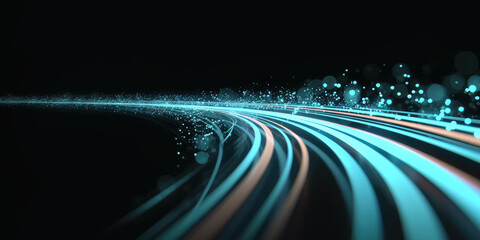 Wall Mural - 3d abstract fast moving lines. high speed motion blur. curved blue and red light path trail with bok