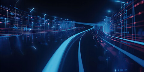 Wall Mural - 3d abstract fast moving lines. high speed motion blur. curved blue and red light path trail with bok