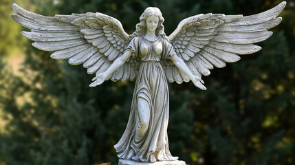Wall Mural - With its arms spread wide in a welcoming gesture this Gothic angel statue invites all who p by to find solace and peace within its graceful embrace.