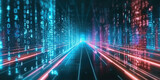 Fototapeta  -  highway path through digital binary towers in city. Concept of big data, machine learning, artificial intelligence, hyper loop, virtual reality, high speed network. 3d render, montion blur speed