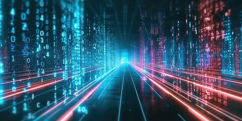 Poster -  highway path through digital binary towers in city. Concept of big data, machine learning, artificial intelligence, hyper loop, virtual reality, high speed network. 3d render, montion blur speed