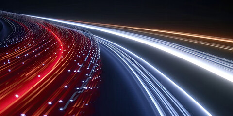 Wall Mural - curved blue and red pink white light path trail. the concept of technology and information transfer.