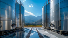 Modern Steel Clear Wine Tanks In The Open Air In Blue, Sky And Mountains Background, Generative Ai