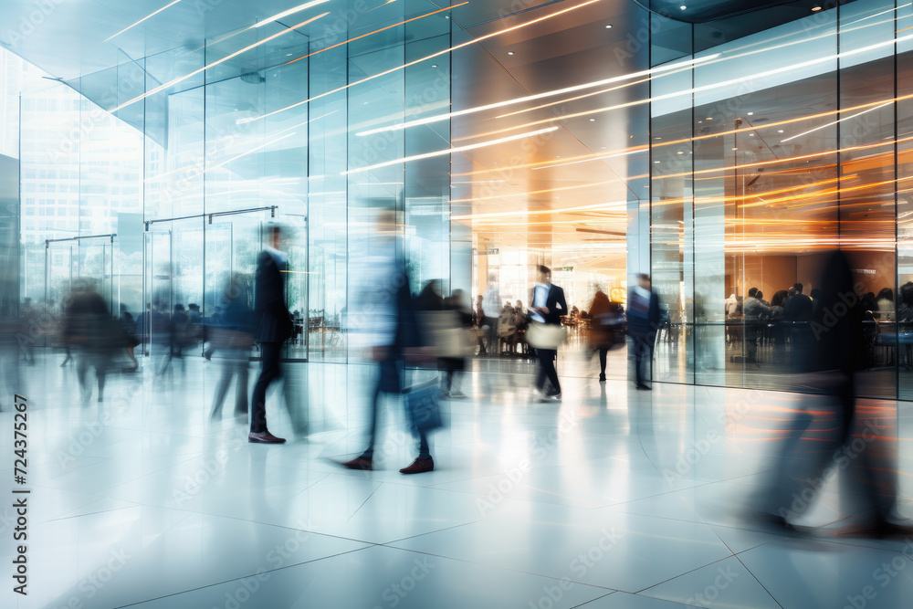 Long exposure shot of crowd of business people walking in bright office ...