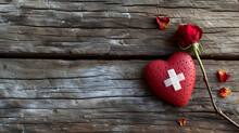 First Aid Band Cushioned Plaster Strip Medical Patch Glued On Red Heart With Dried Red Rose On Wooden Background, Generative Ai