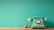 Retro telephone on table in front mint green background. Generative AI