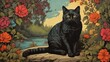 Art of life animal black cat in nature, block print style red flowers back view nice
