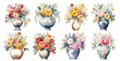 Set of watercolor vintage old vase with flowers, Sticker, Ornaments, png, generated ai