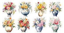 Set Of Watercolor Vintage Old Vase With Flowers, Sticker, Ornaments, Png, Generated Ai