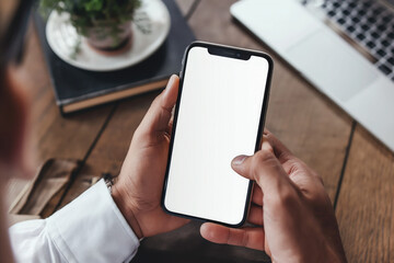 Cropped shot of businessman using smartphone with blank screen while sitting at modern office desk