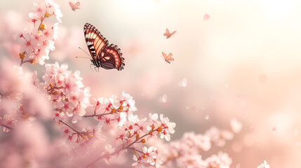 Wall Mural - Spring banner background with pink blossom and flying butterfly, generative ai