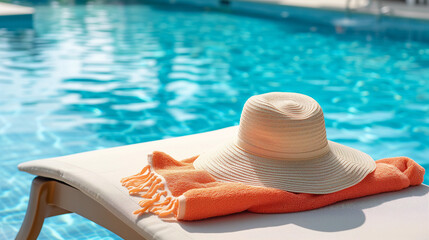 Wall Mural - Sun hat laying on lounge chair at luxury hotel swimming pool. Orange turkish towel. Summer vacation at upscale resort. Exclusive destination travel, luxury vacation,  solo traveler, frequent flyer. 