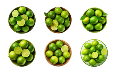 Wall Mural - Collection bowl of whole and cut-in-half fresh limes isolated on a transparent background, top view