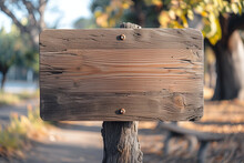 Mockup, A Classic Wooden Sign In A Park At Sunset. With Space For Text.