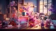 Perfume bottles and flowers on a wooden table. 3d rendering