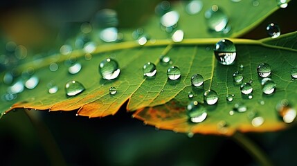 Poster - Leaf Macro on a Rainy Day, Dew Drops on a Plant, Closeup Nature Backdrop, Green Wallpaper, Weather Background Concept Photo