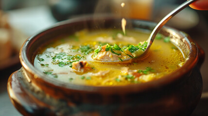 Homemade chicken soup in a bowl