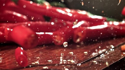 Sticker - The knife cuts the chili pepper with a splash of water. Filmed on a high-speed camera at 1000 fps. High quality FullHD footage