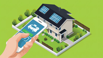 Smart home isometric illustration, modern technology house concept controlled via mobile app