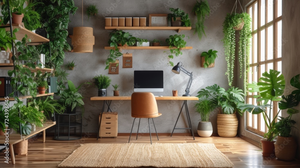 Eco-friendly home office with abundant plants, wooden furniture, and ... - Luxury Eco Friendly Home Office