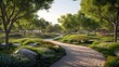 Serene park pathway surrounded by lush greenery and trees, embodying eco-friendly urban design and natural tranquility.