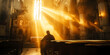 Desperate man in church with light from God, light of hope, hope and prayer concept