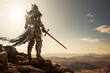 Fantasy warrior with sword in the desert 3d render illustration.
