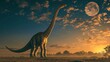 A towering brachiosaurus standing on its hind legs seemingly reaching for the bright moon hanging in the sky.