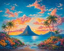 A Painting Of A Tropical Sunset With Flowers And Palm Trees