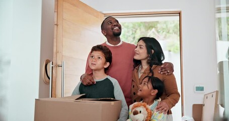 Sticker - Family moving, new home and kids with parents happy for mortgage, investment or real estate at entrance. Interracial dad, mom and children walking in front door with boxes for dream house or property