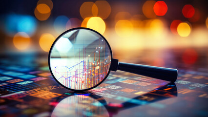 Poster - Magnifying Glass on Map, Exploring Locations and Market Opportunities. Business Control over quotes and shares. Market research. Trader.