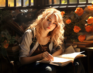 Wall Mural - Beautiful young girl with long curly hair sitting in front of a windowsill and reading a book, retro dreamy concept