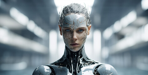 robot girl, A gender fluid humanoid shiny silver avatar of an art