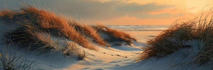 Coastal Sunset Over Dune Grasses, Generative AI