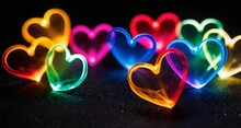 Rainbow Smoky Hearts On Black Background. Valentine's Banner.